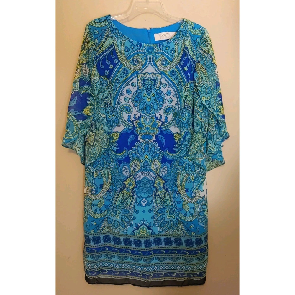 Christin Michaels Blue‎ Multicolor Paisley Flutter Slit Sleeve Lined Dress 14